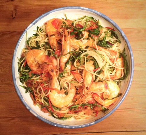 Spaghetti mit Garnelen, Tomaten &amp; Rucola