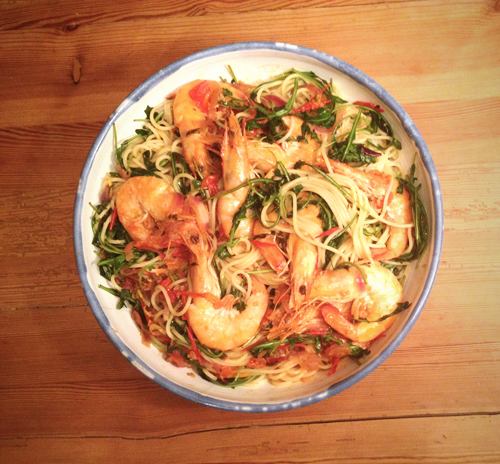 Spaghetti mit Garnelen, Tomaten &amp; Rucola