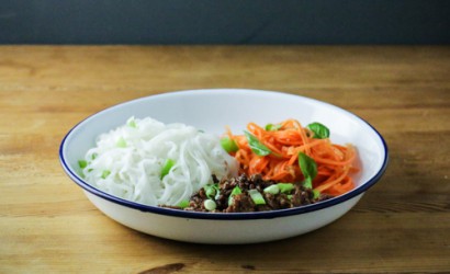 REISBANDNUDELN  MIT RINDERHACK & KAROTTENSALAT, ASIATISCH